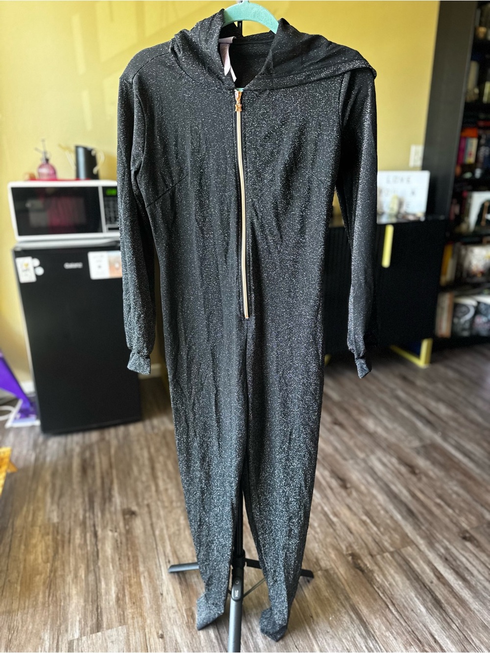 Savage X Fenty Black Glitter Hooded Zip-Front Jumpsuit